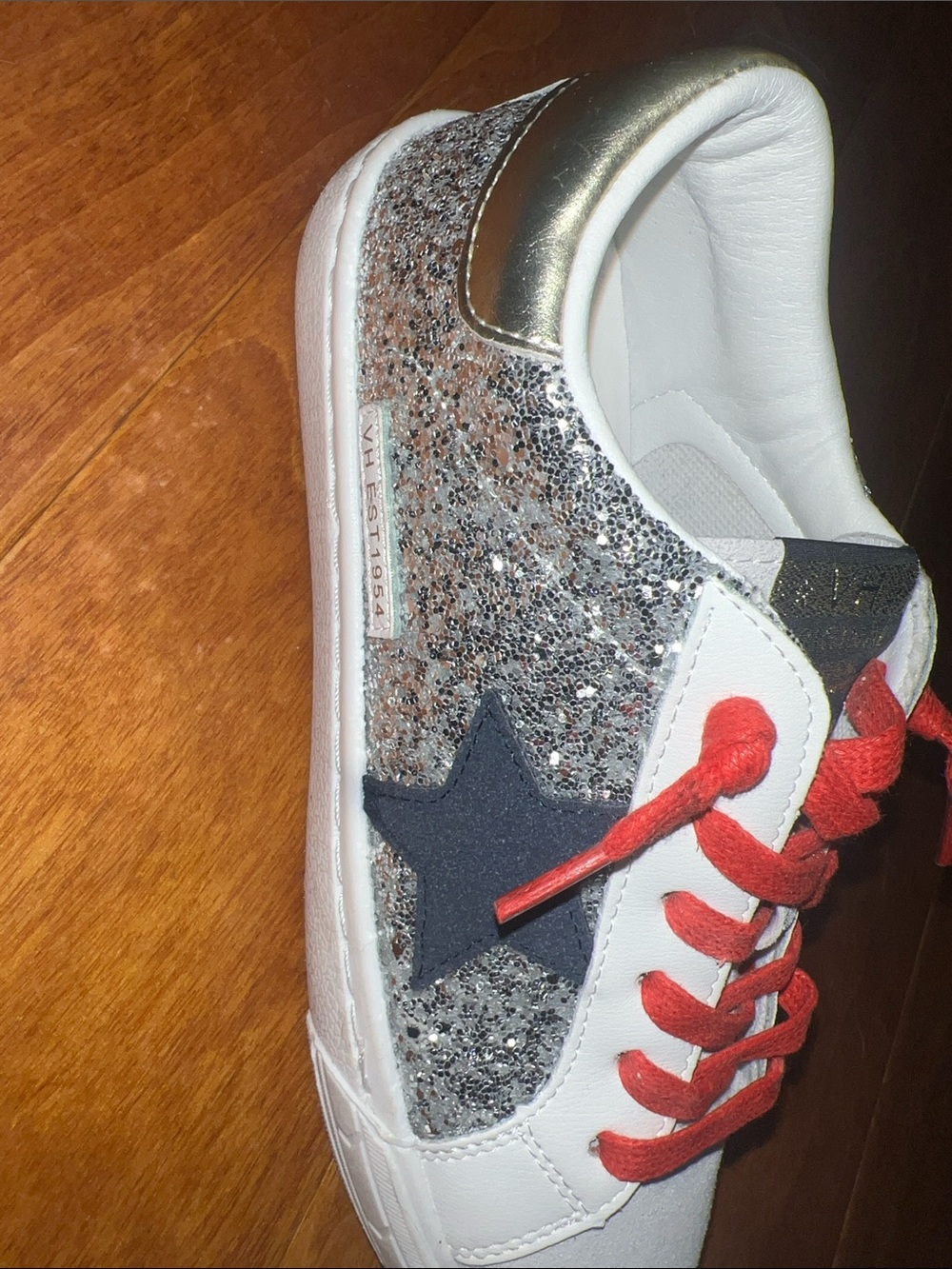 Women’s White Sneakers with Silver Glitter & Red Laces - Picture 3 of 6